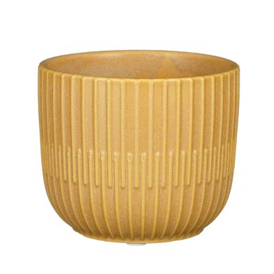 Mica Decorations - Plantenpot/bloempot - keramiek - mat okergeel - stripes patroon - D10 x H9 cm