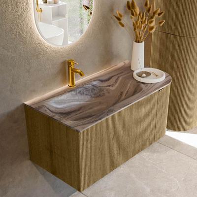 Badmeubel Mondiaz Kurve-Dlux | 95 cm | Meubelkleur Dusk | Wastafelkleur Sombra | Solid surface | Wasbak linker zijde spoelbak | 1 kraangat