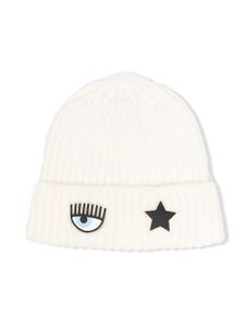 Chiara Ferragni Kids bonnet en maille à patch Wink - Blanc