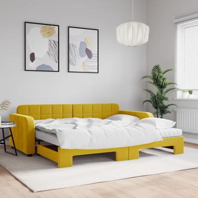 Slaapbank onderschuifbed en matrassen 90x200 cm fluweel geel