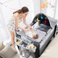 3 in 1 Opvouwbaar Babybedje Luiertafel Afneembaar en Verstelbaar net inclusief Muziekdoos Hangend Speelgoed en Draagtas Grijs