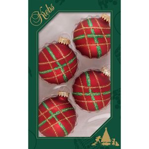 4x stuks luxe glazen kerstballen 7 cm rood velvet met ruit