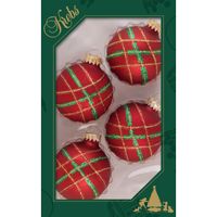 4x stuks luxe glazen kerstballen 7 cm rood velvet met ruit - thumbnail