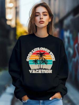 Bon&Bon Women's Coconut Surfing Letter Print Loose Pullover Sweatshirt Black / M