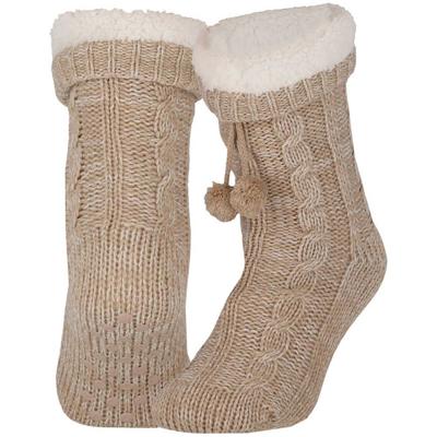 Fleece huissokken/slofsokken - dames - beige - warme voering - comfortabel - gebereid