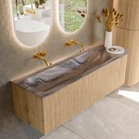 Badmeubel Mondiaz Kurve-Dlux | 145 cm | Meubelkleur Oak | Wastafelkleur Sombra | Solid surface | Wasbak linker zijde spoelbak | Zonder kraangat(en)