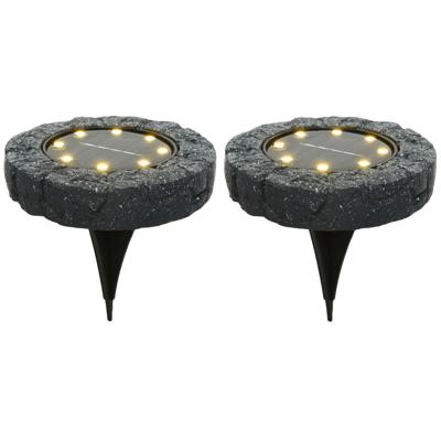 Lumineo Solar grond prikspot/tuinspot - 2x - LED - kunststeen - steengrijs - warm wit - 11 x 2 cm