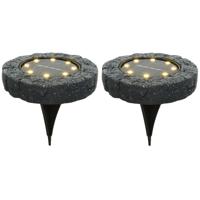 Lumineo Solar grond prikspot/tuinspot - 2x - LED - kunststeen - steengrijs - warm wit - 11 x 2 cm