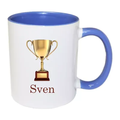 Trofee mok met naam (blauw)