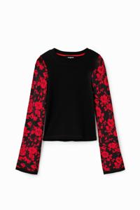 Jacquard T-shirt met bloemen - BLACK - XS