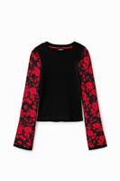 Jacquard T-shirt met bloemen - BLACK - XS