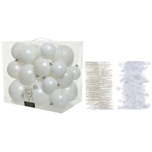 Kerstversiering kunststof kerstballen 6-8-10 cm met folieslingers pakket winter wit van 28x stuks