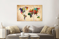 Karo-art Schilderij -  Artistieke wereldkaart in kleuren, 120x80cm, 3 luik, premium print - thumbnail