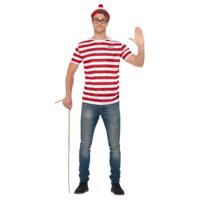 Waar is Wally verkleedset - voor heren - rood/wit - t-shirt/bril/muts - verkleden - carnaval