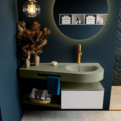 MONDIAZ RIVA 120cm badmeubel onderkast / planchet kleur Linen met 1 lade. Wastafel DULCET rechts 1 kraangat kleur Army. MONDIAZ RIVA 120cm badmeubel onderkast / planchet kleur Linen met 1 lade. Wastafel DULCET rechts 1 kraangat kleur Army.