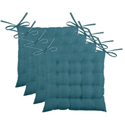 Stof Textile stoelkussen BEA - 4x - petrol blauw - 40 x 40 x 4 cm - touwtjes sluiting - binnen/buite