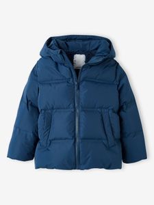 Donsjas met capuchon voor jongens gevuld met veren en dons blauw