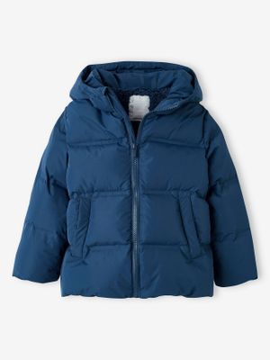 Donsjas met capuchon voor jongens gevuld met veren en dons blauw