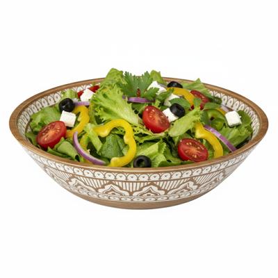 Salade serveer schaal - Fruitschaal/fruitmand - mango hout - D33 x H8 cm - bruin/print Salade serveer schaal - Fruitschaal/fruitmand - mango hout - D33 x H8 cm - bruin/print