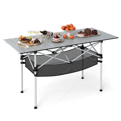Opvouwbare Campingtafel voor Terras Draagbare Picknicktafel met Oprolbaar Aluminium Tafelblad en Netmand Zilver