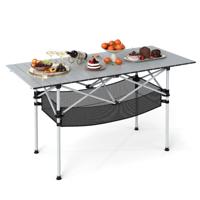 Opvouwbare Campingtafel voor Terras Draagbare Picknicktafel met Oprolbaar Aluminium Tafelblad en Netmand Zilver