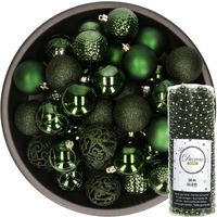 37x stuks kunststof kerstballen 6 cm inclusief kralenslinger donkergroen - thumbnail