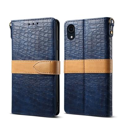 Splicing kleur krokodil textuur PU horizontale Flip lederen case voor iPhone XR met portemonnee & houder & kaartsleuven & Lanyard (blauw)