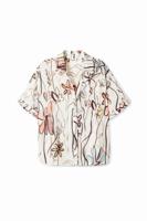 Blouse met geïllustreerde bloemen - WHITE - L