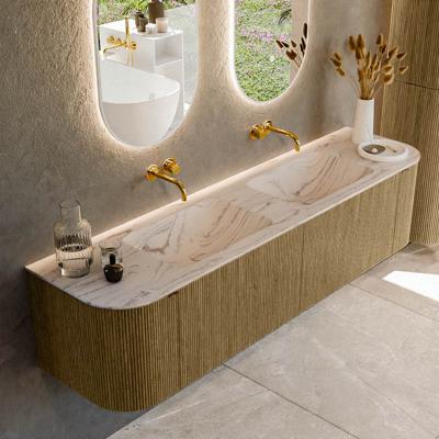 Badmeubel Mondiaz Kurve-Dlux | 180 cm | Meubelkleur Dusk | Wastafelkleur Nata | Solid surface | Wasbak beide zijden spoelbak | Zonder kraangat(en)