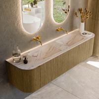 Badmeubel Mondiaz Kurve-Dlux | 180 cm | Meubelkleur Dusk | Wastafelkleur Nata | Solid surface | Wasbak beide zijden spoelbak | Zonder kraangat(en)