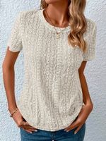 Loose Casual Crew Neck Solid Eyelet Embroidery Round Neck Tee - thumbnail