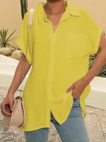 Casual Shirt Collar Cotton Blends Short Sleeve Blouse