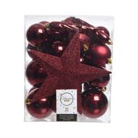 33x Donkerrode kerstballen - met ster piek - 5 x 6 x 8 cm - kunststof - mix