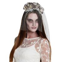 Horror bruid/zombie haarband/diadeem met sluier voor volwassenen   - - thumbnail