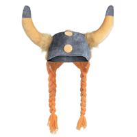 Carnaval verkleed Viking helm - grijs/geel - met hoorns - polyester - heren - met vlechten - thumbnail