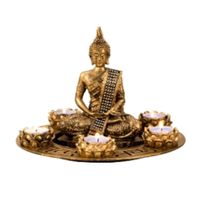 Boeddha beeldje met 5 kaarshouders op schaal - kunststeen - goud - 27 x 20 cm - deco artikel