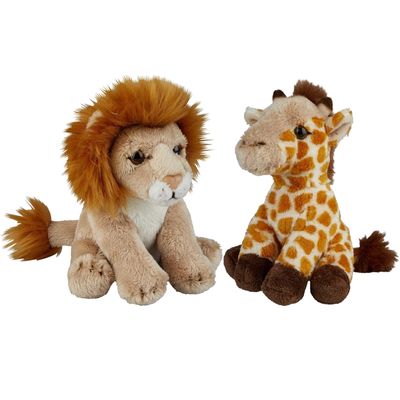 Safari dieren serie pluche knuffels 2x stuks - Giraffe en Leeuw van 15 cm