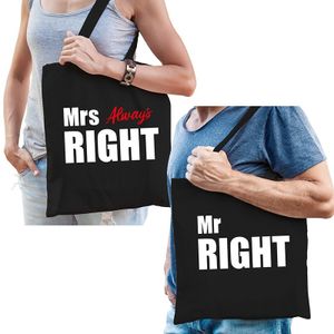 Mrs always right en Mr right kadotassen / shoppers zwart katoen met witte tekst koppels / bruidspaar / echtpaar voor volwassenen   -