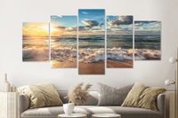 Karo-art Schilderij -Zonsondergang op het strand II,   5 luik, 200x100cm, Premium print