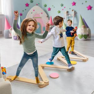 Houten Evenwichtsbalk & Stapstenen 12-Delige Kinderen Gymnastiek Obstakel Cursus Binnen & Buiten Houten Speelgoed voor Coördinatie