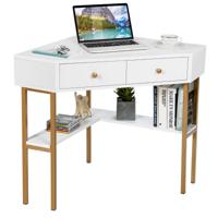 Ruimtebesparend Hoekbureau met 2 Grote Laden en Opbergruimte voor Kleine Kamers Wit