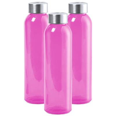 3x Stuks glazen waterfles/drinkfles fuchsia roze transparant met Rvs dop 550 ml