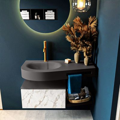 MONDIAZ RIVA 100cm badmeubel onderkast / planchet kleur carrara met 1 lade. Wastafel DULCET links 1 kraangat kleur Dark_Grey. MONDIAZ RIVA 100cm badmeubel onderkast / planchet kleur carrara met 1 lade. Wastafel DULCET links 1 kraangat kleur Dark_Grey.