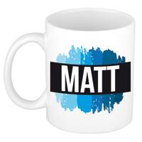 Matt naam cadeau koffie mok - beker - met blauw verfstrepen - Cadeau collega - vaderdag