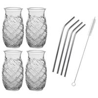 Set van 4x Cocktailglazen transparant 505 ml Pina Colada met RVS rietjes - thumbnail