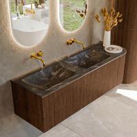Badmeubel Mondiaz Kurve-Dlux | 145 cm | Meubelkleur Walnut | Wastafelkleur Lava | Solid surface | Dubbele spoelbak | Zonder kraangat(en)