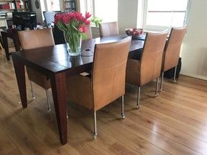 Set van 6 leren eetkamerstoelen - met wieltjes en hoge rug - bruin leer - Echt leer, Modern, ontdek de vele Leersoorten en Kleuren bij ShopX