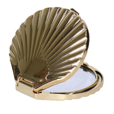 Make-up spiegel - handspiegel - zakspiegel Schelp - goud - 7 x 6.5 cm - dubbelzijdig