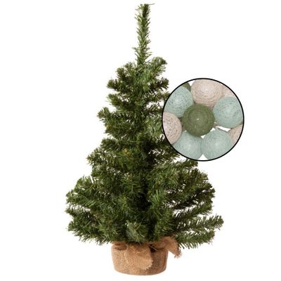 Mini kunst kerstboom groen - met lichtsnoer bollen mix groen/lichtroze - H60 cm