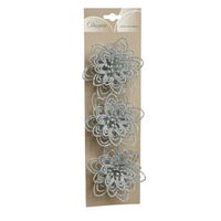 3x stuks decoratie bloemen zilver glitter op clip 11 cm    -